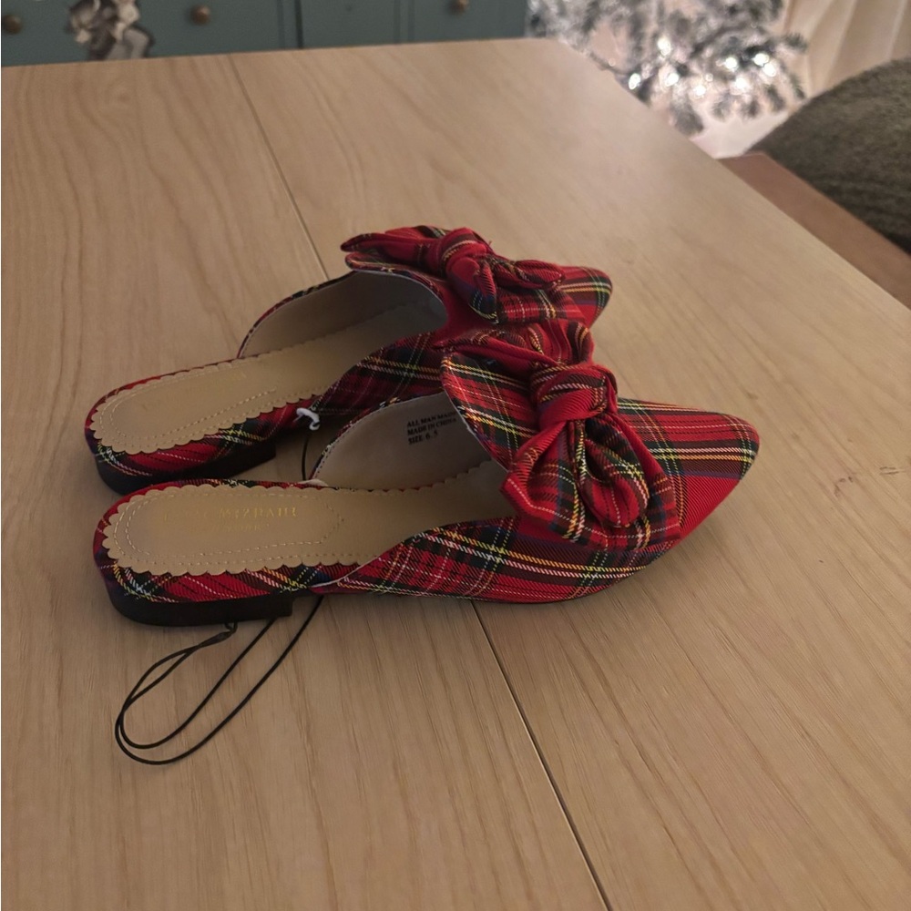 Isaac Mizrahi Red Plaid Bow Mules